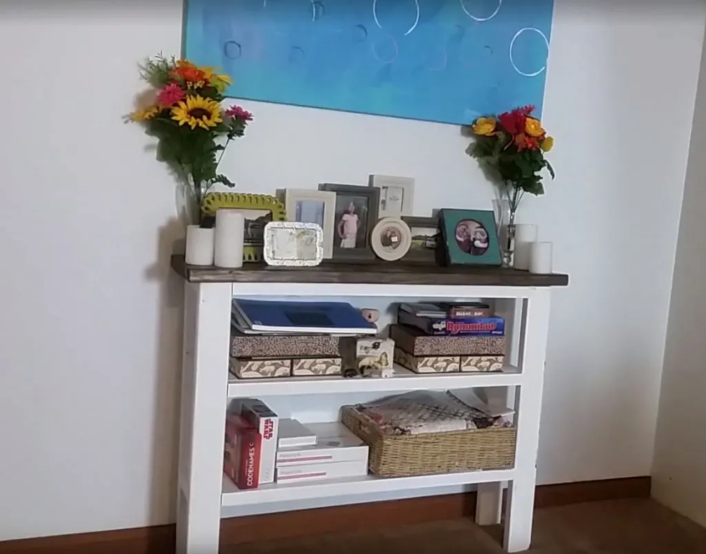 diy farmhouse style shoe rack, white base with stained top, decorated with photos
