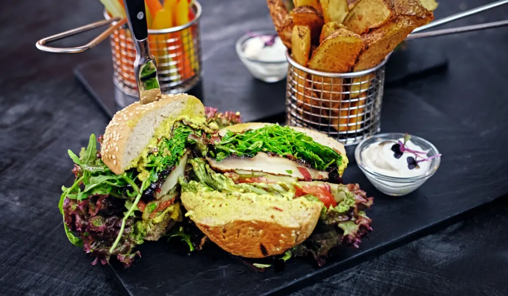 burger fries and salad