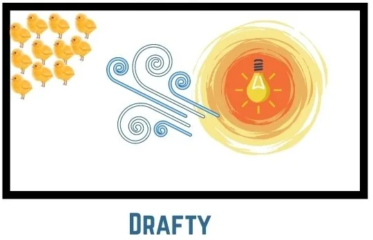illustration of baby chicks that are trying to avoid a draft in a brooder box