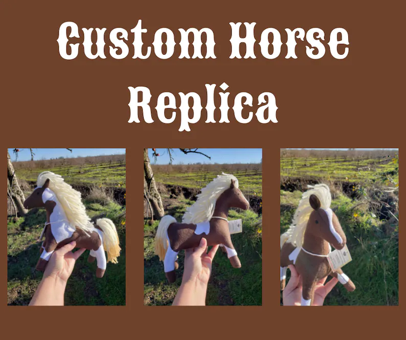 three images of a custom horse replica plush toy being held up in front of a field background. Images are surrounded by a brown border with the words custom horse replica at the top of the image