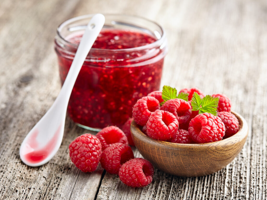 fresh raspberries and raspberry jam