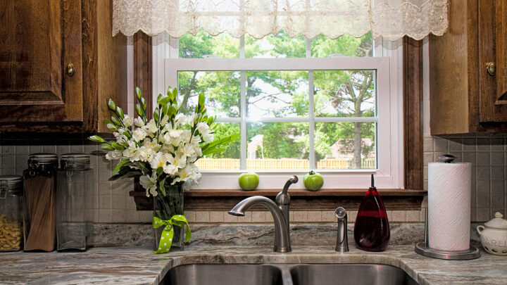 rustic view of kitchen sink window with rustic valances curtain