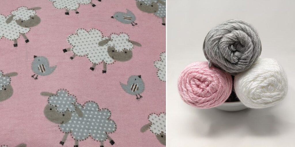 split image with fabric on the left depicting white sheep with gray polkadots and gray sheep with white polkadots on a soft pink background, fabric also has small gray birds. On the right are three caron simply soft yarn colors in soft pink, feathered gray and white