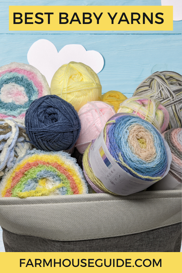 baby yarns assembled in a gray basket, best baby yarns title on yellow background at top, website address on yellow background at bottom