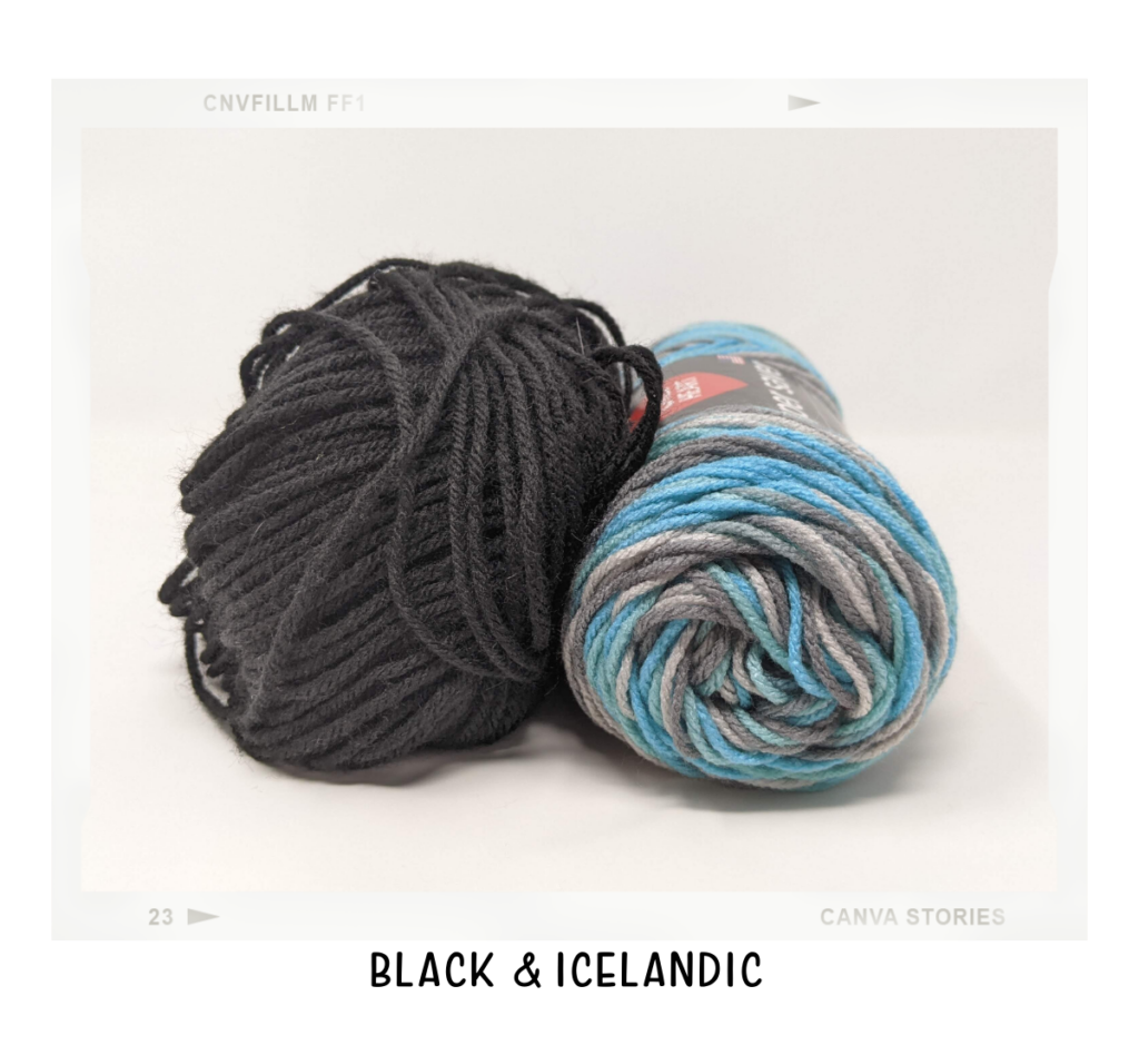 black and icelenadic yarns on a white table