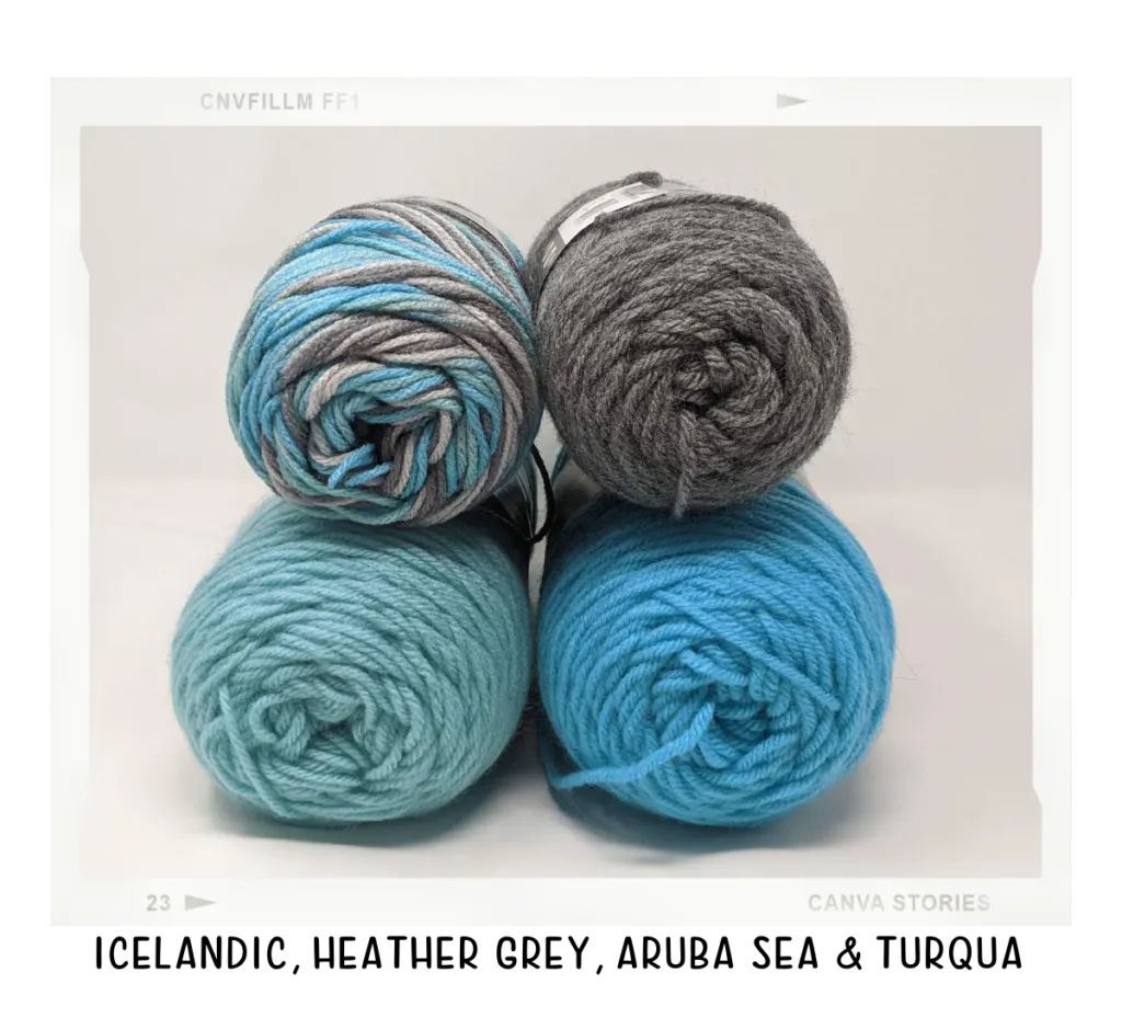 landic, Turqua, Light Grey & Aruba Sea yarn colors piled up.