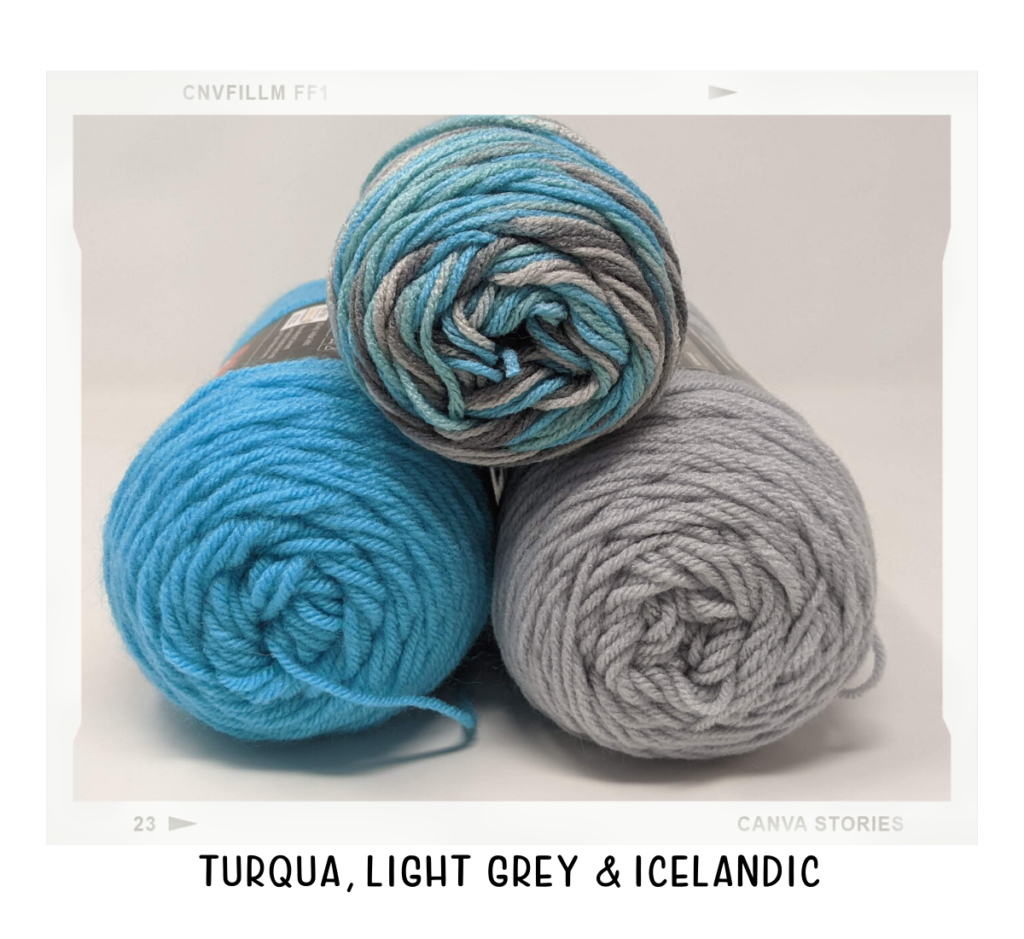 icelandic yarn on top of turqua and  light grey yarns