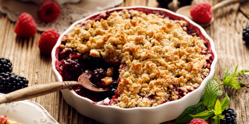 Crumble, Mixed berry (blackberry, raspberry) crumble, stewed fruits topped with crumble of oatmeal