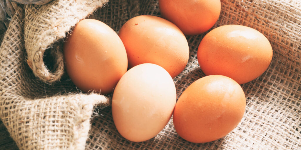Raw organic farm eggs on burlap, banner