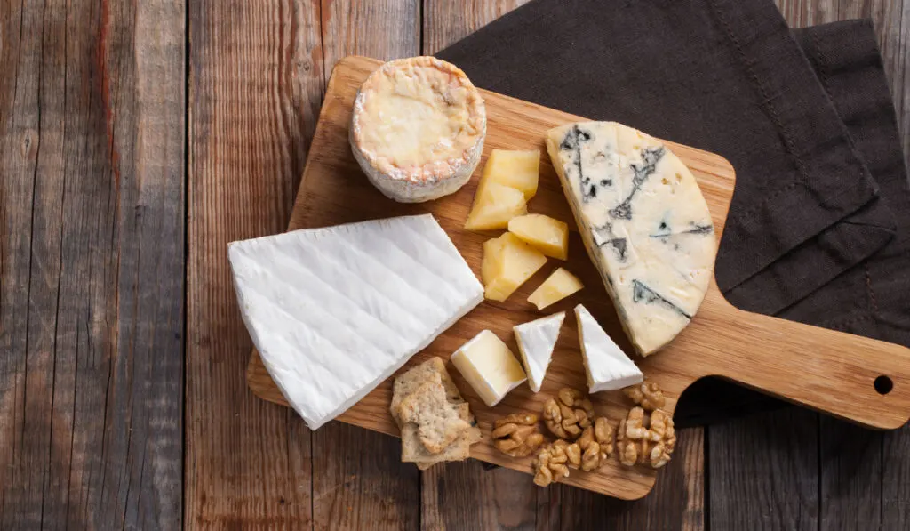 Tasting cheese dish on a wooden plate. 