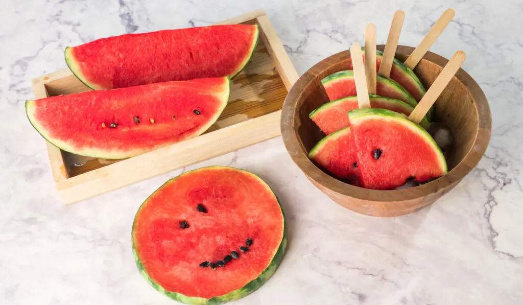 Watermelon slices on sticks with ice cubes. Fresh watermelon popsicles in wooden bowl 