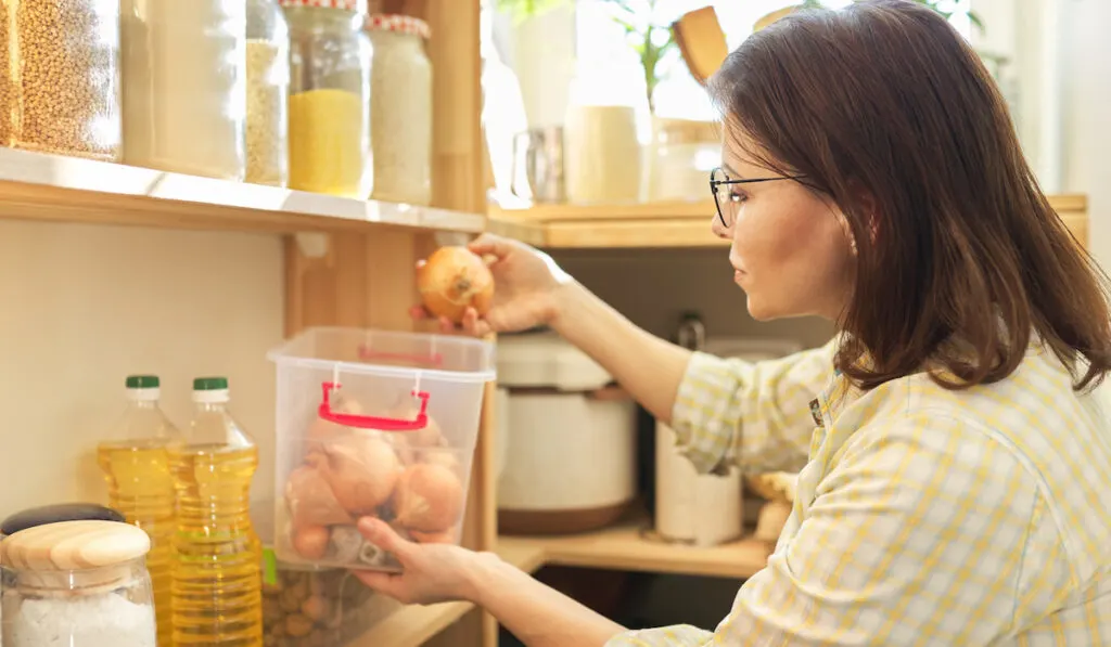 Woman in pantry counting onions, food storage in pantry on wooden shelf 