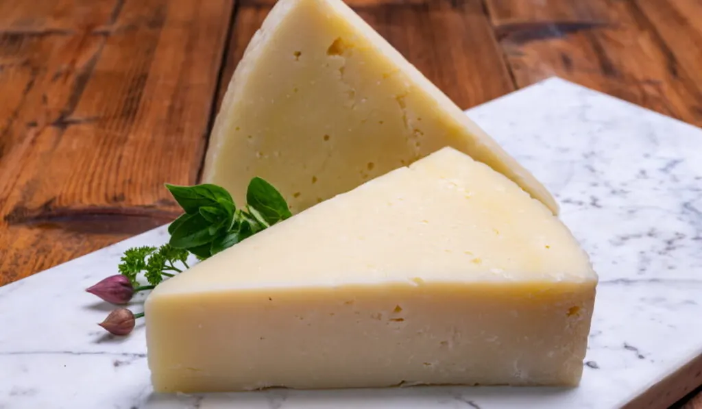 rectangular block of Pecorino Romano cheese on a marble board