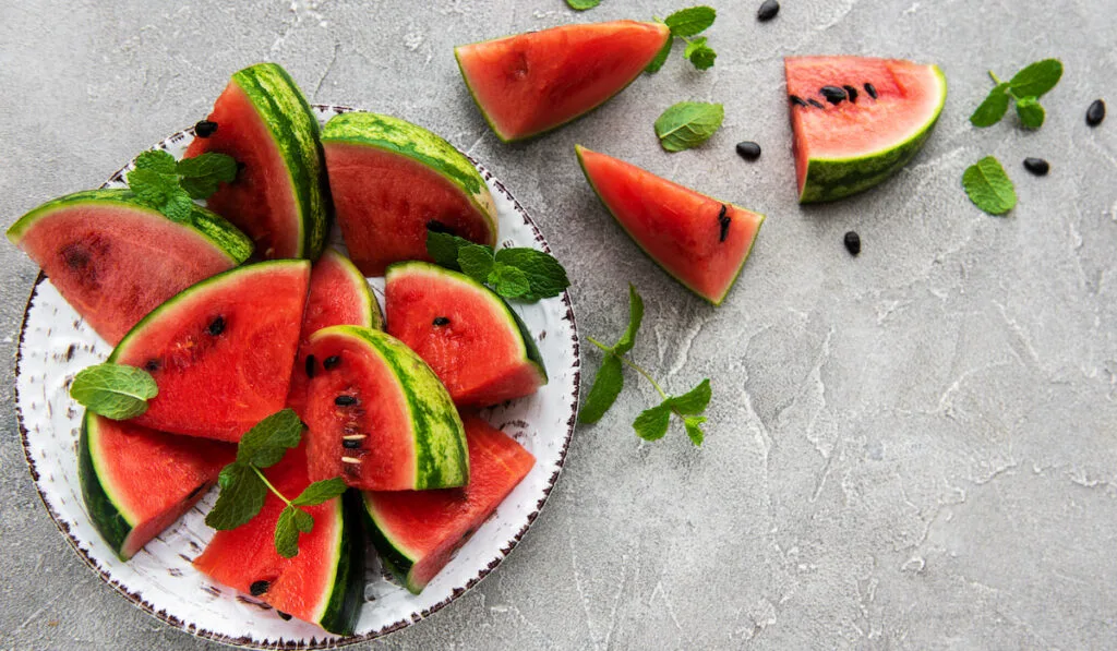 slices of fresh watermelon with leaves on white plate 
