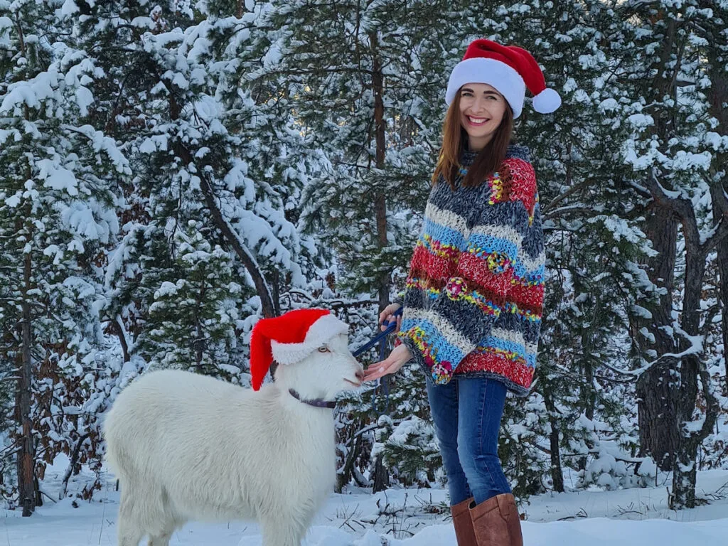 A girl with a goat in the winter forest 