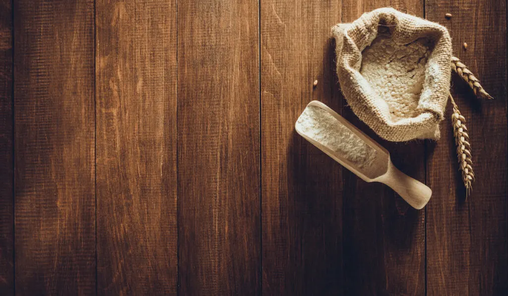 Barley flour in wooden scoop and sack on wooden background