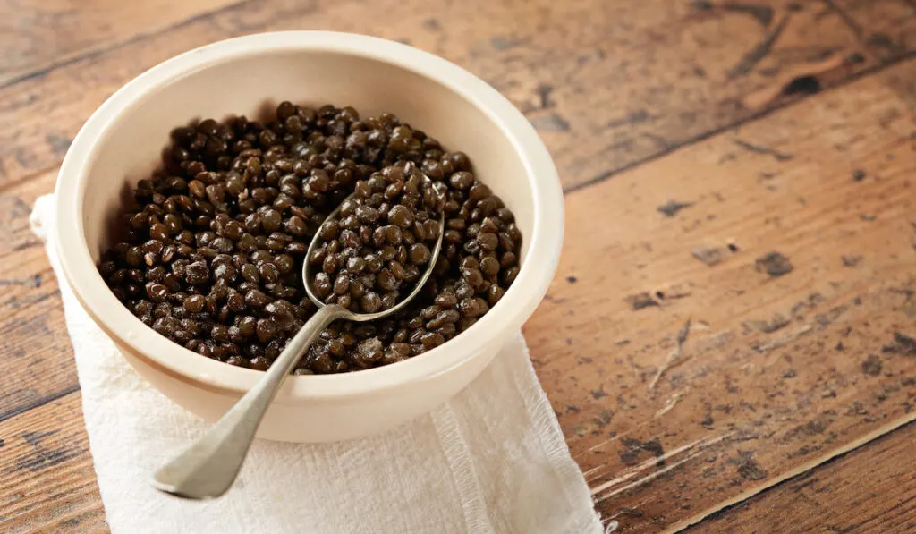 Black beluga Lentil in a bowl on wooden background 