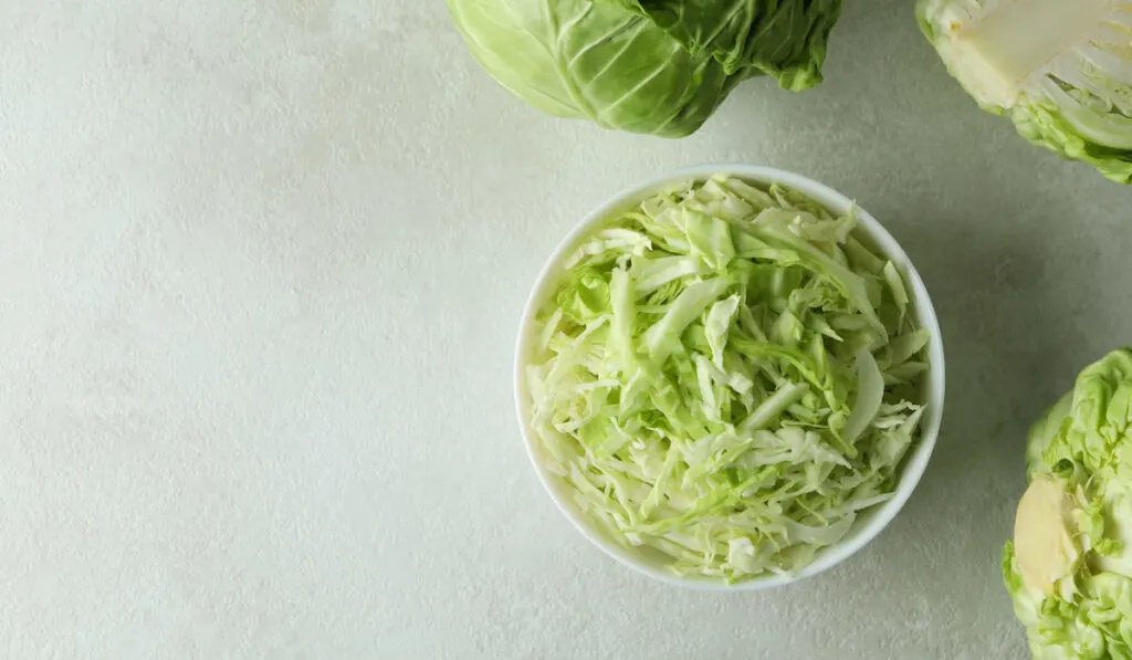 Bowl with sliced cabbage and fresh cabbage on white textured table