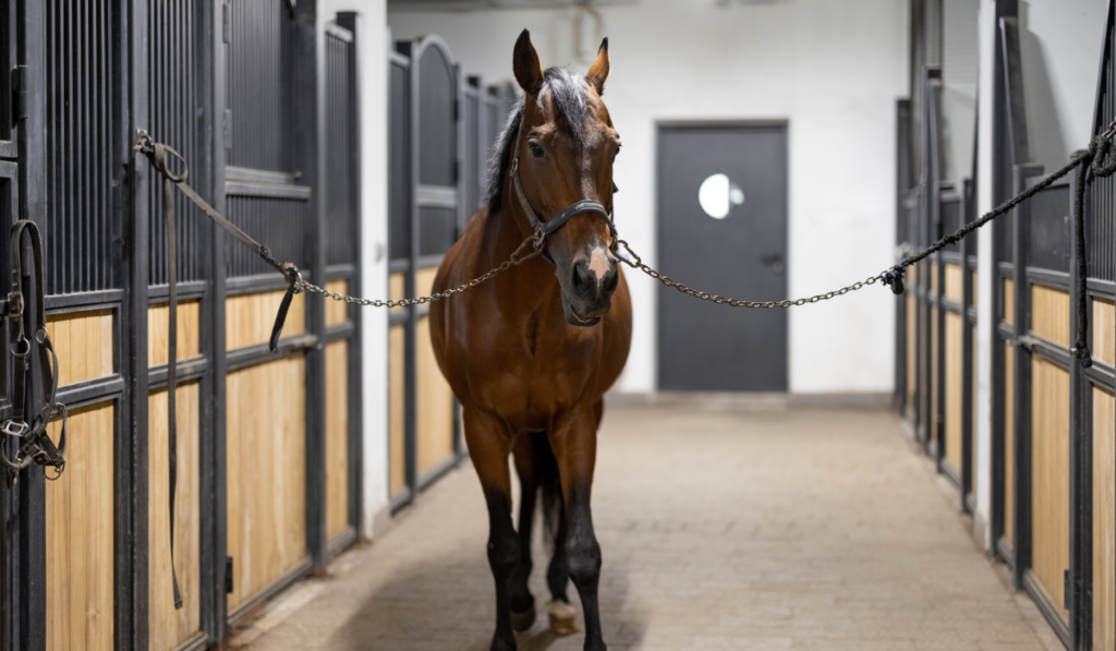 Brown Thoroughbred horse in stable