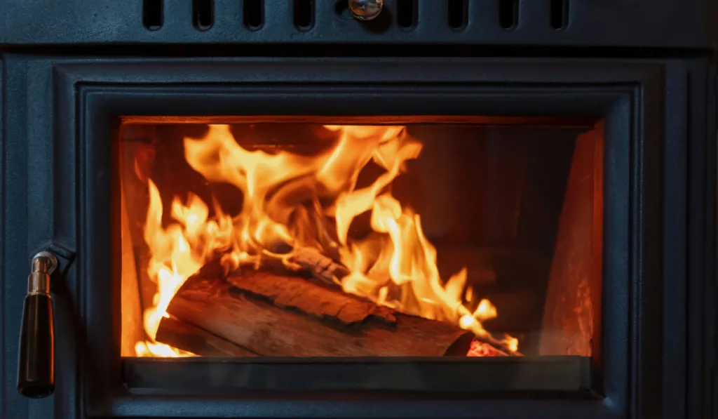 close up view of wood burning stove