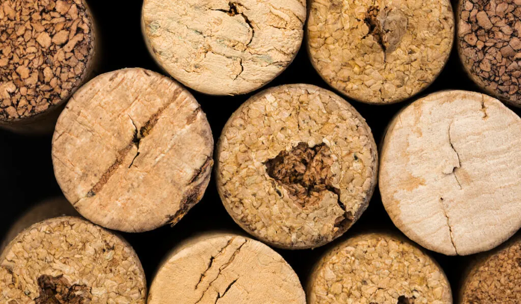 Close up of a cork wine with different variation of wine color