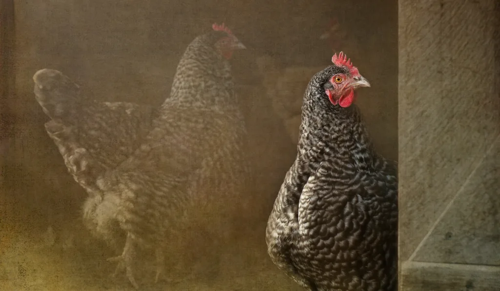 Composite of a Plymouth Rock hen gazing out