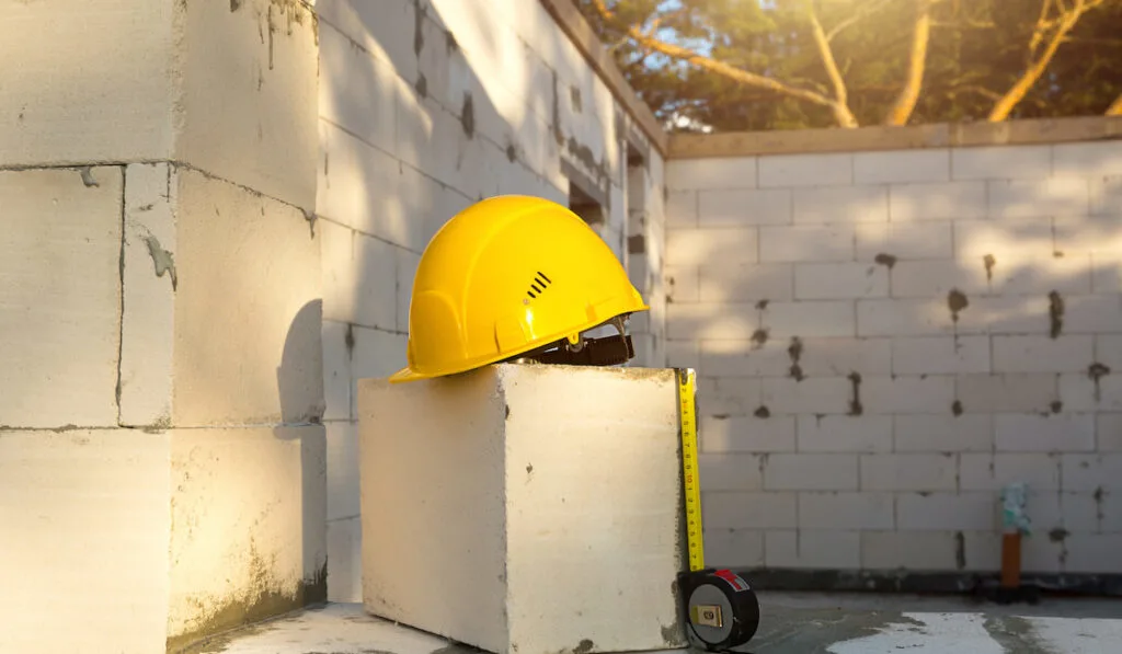 Construction hardhat and measuring tape measure on the window of a house under construction 