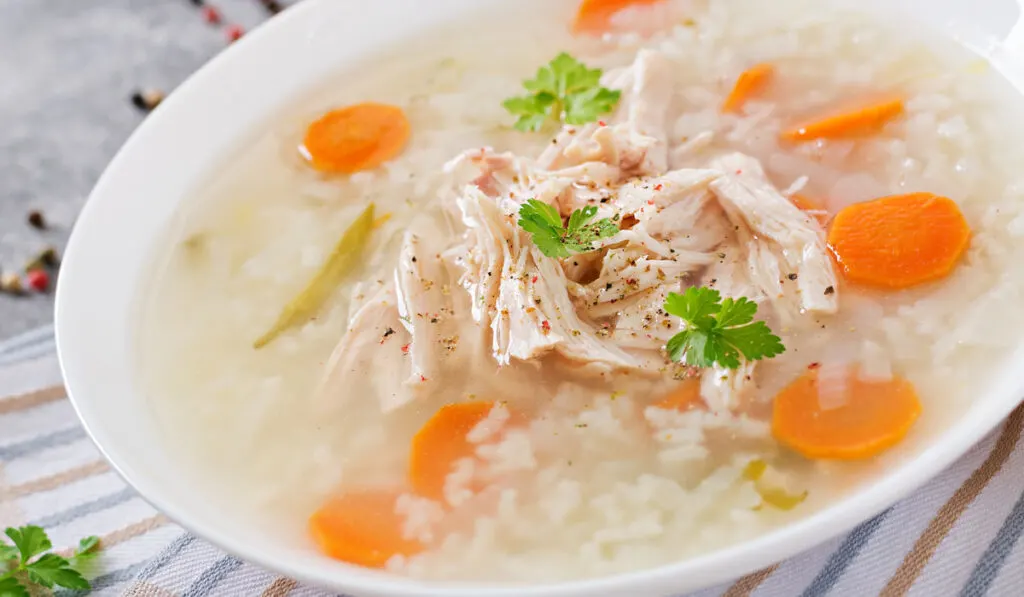 Dietary chicken soup with rice and carrots 