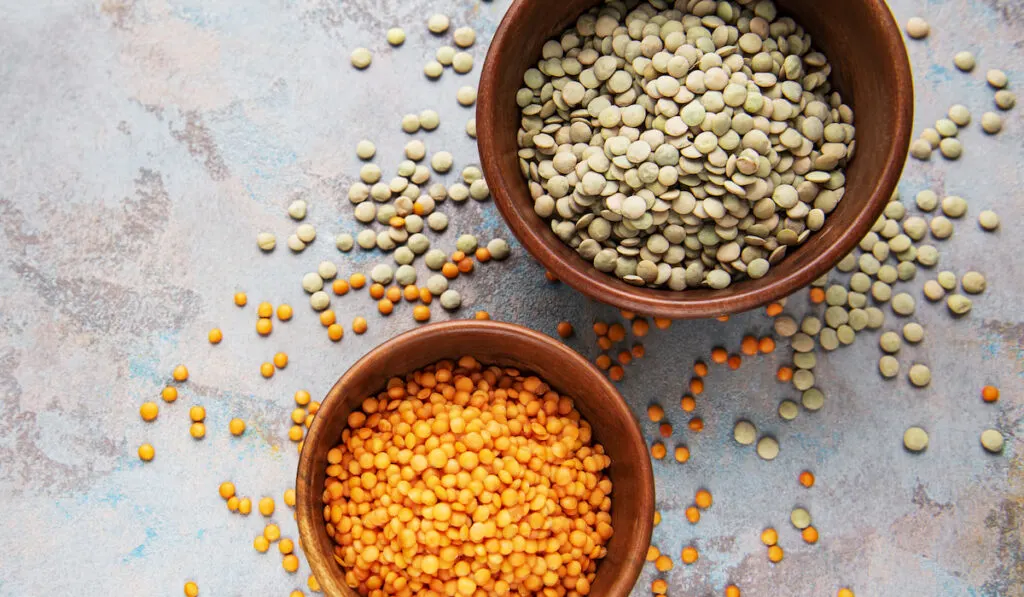 Different raw lentils on wooden bowls 