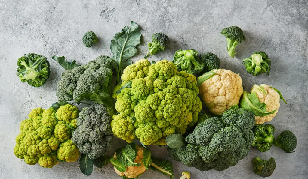 Fresh green cabbage, cauliflower and broccoli on a light textured background 