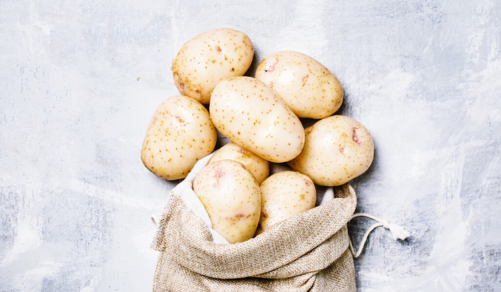 Fresh potatoes on potato bag light gray background 