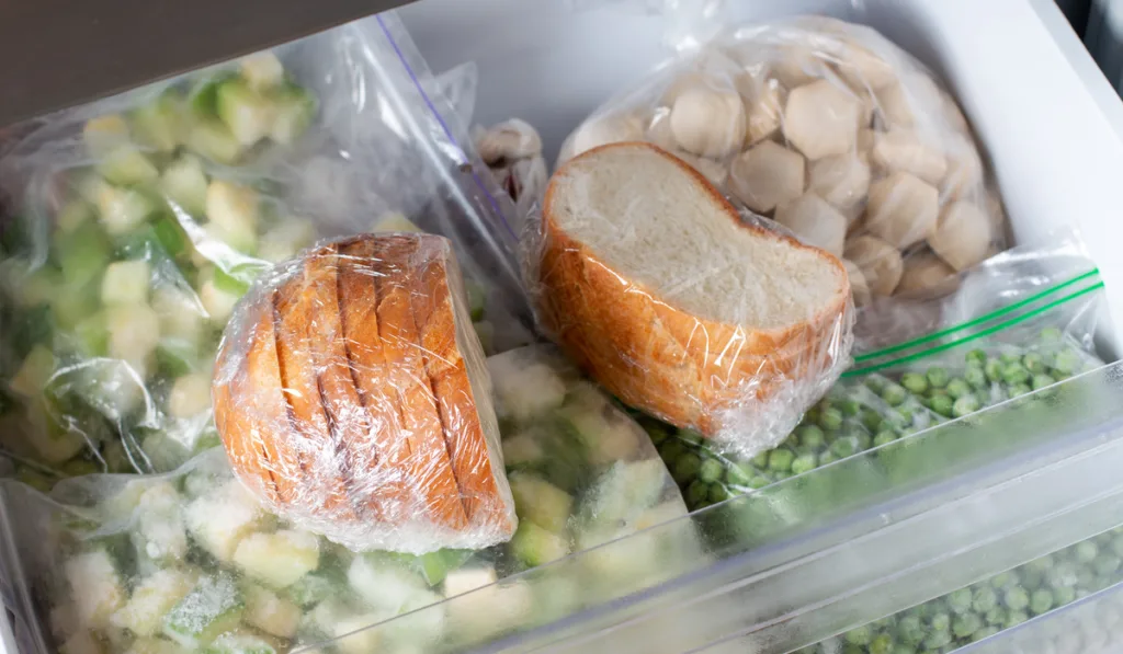 Frozen bread in the home freezer together with some frozen veggies