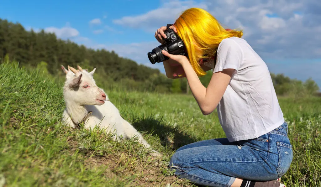 Girl hipster teenager with camera makes photo of young girl goat