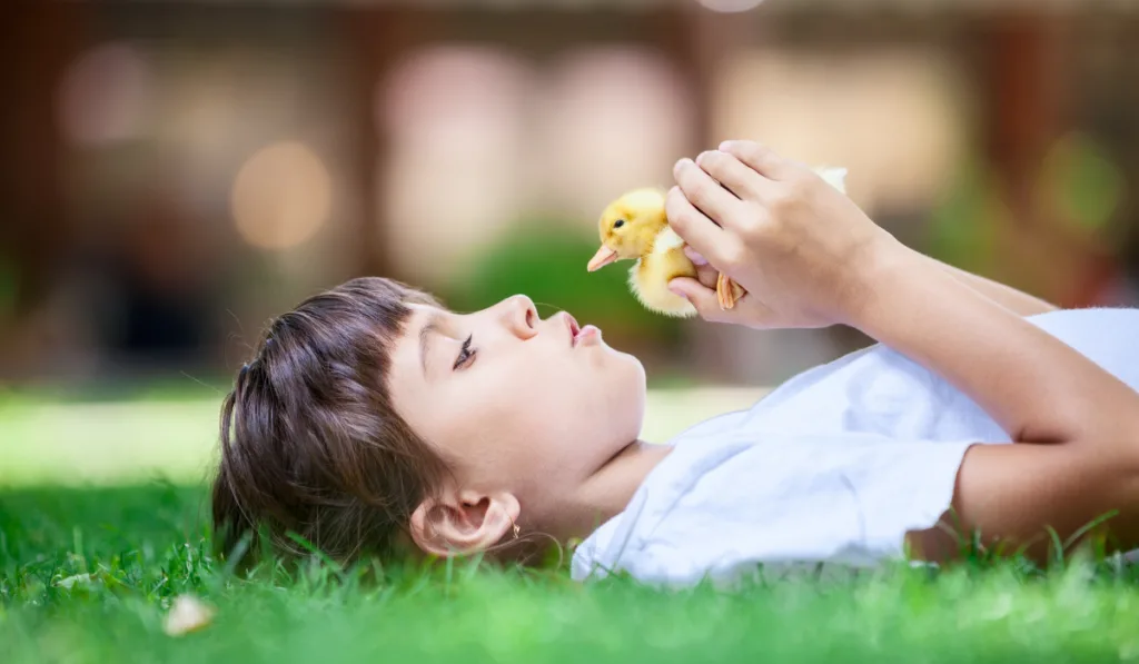 young girl holding a duckling 