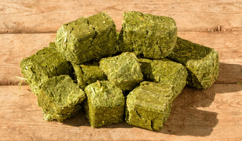 Hay and Alfalfa Cubes on wooden background 