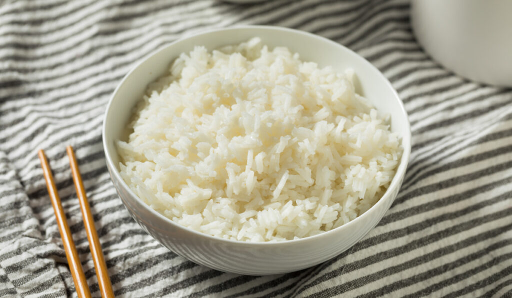 Homemade Cooked Steamed White Rice in white bowl 