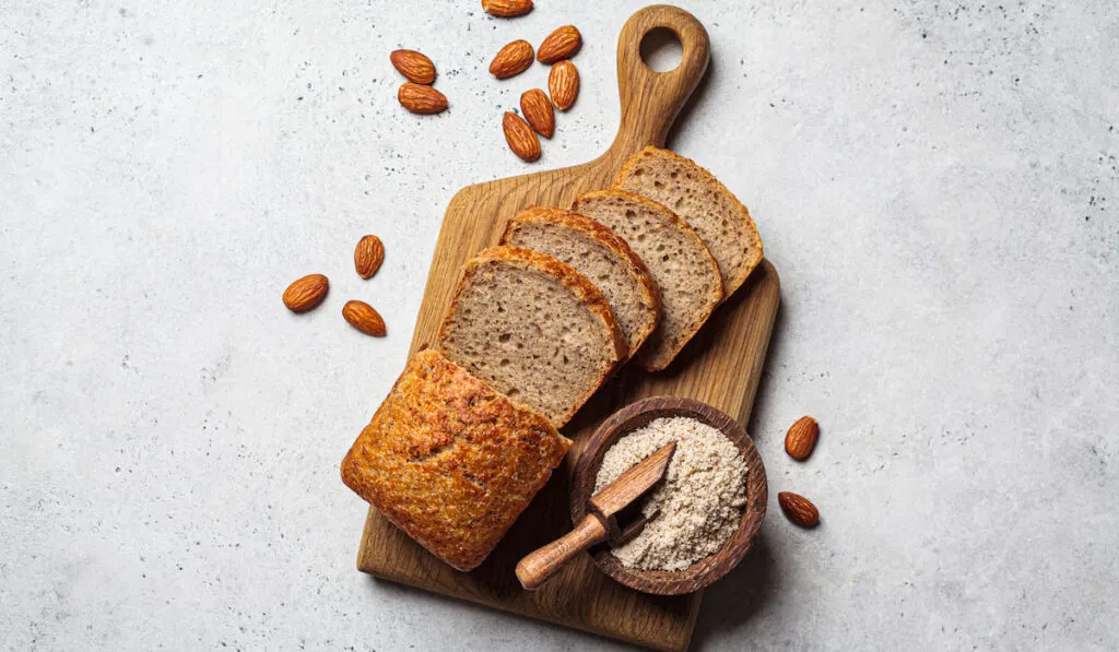Keto bread with almond flour on wooden board. Gluten free