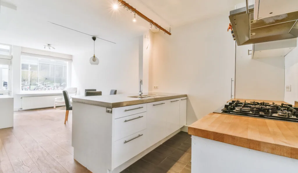 Kitchen area with metal countertop