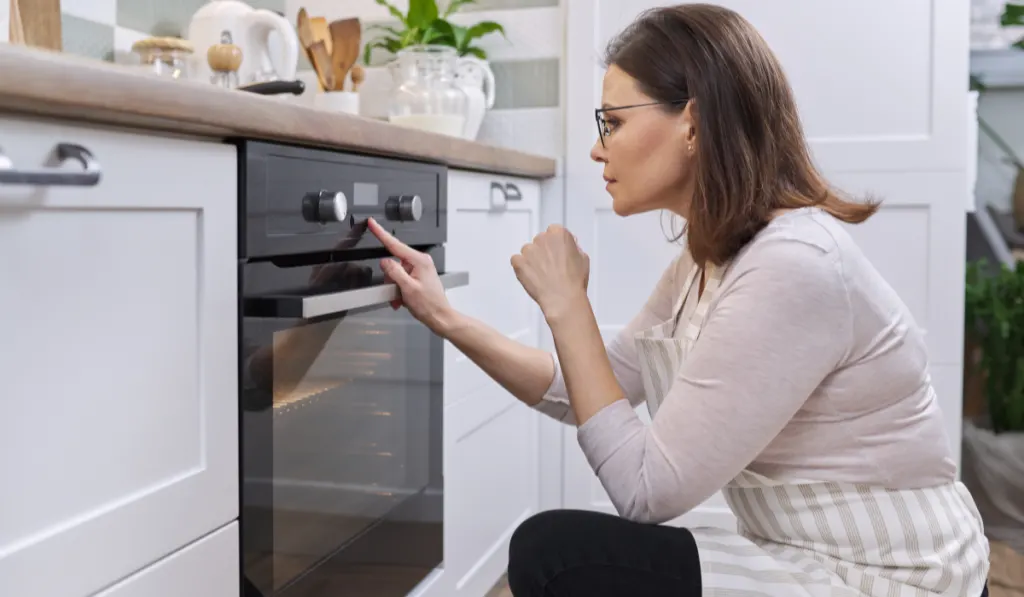 Mature woman in apron near the oven in the kitchen