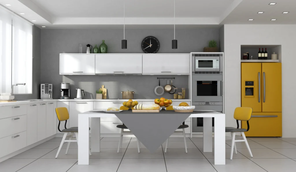 Modern kitchen with table set and built-in yellow fridge