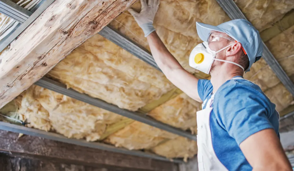 guy wearing mask checking old roof insulation
