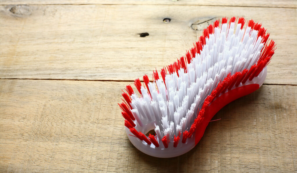 red and white scrub brush on the floor