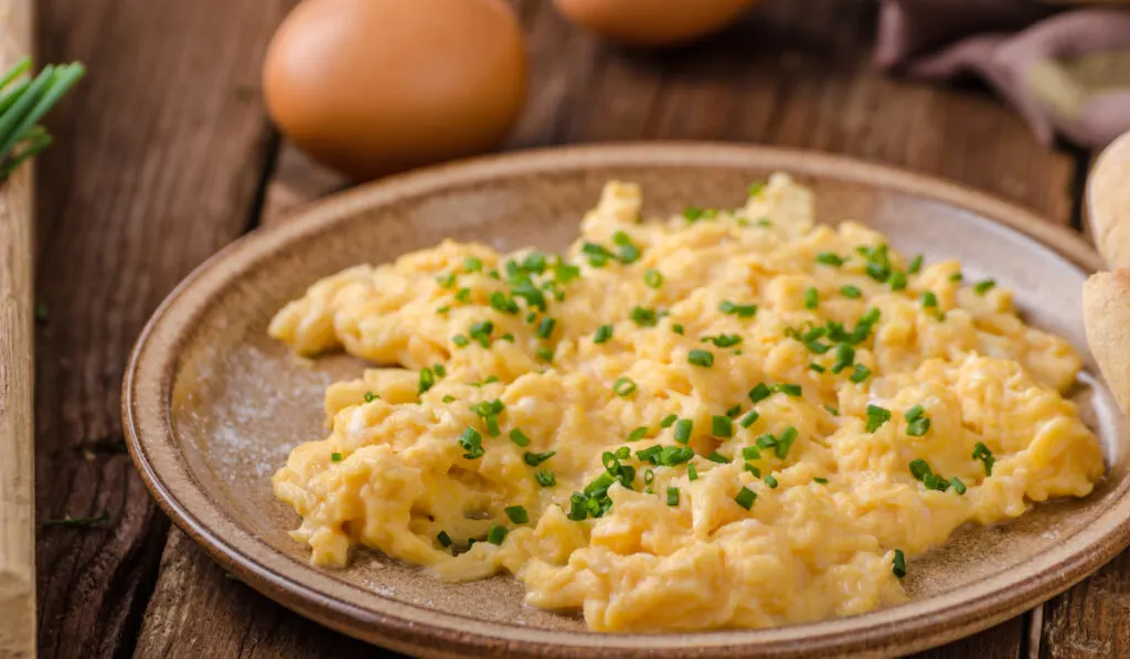 Scrambled eggs with herbs on brown plate 