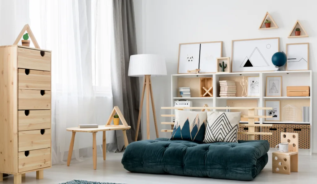 wood and white living area theme with white and grey curtain