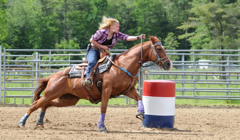 Young adult woman galloping around a turn in a barrel race 