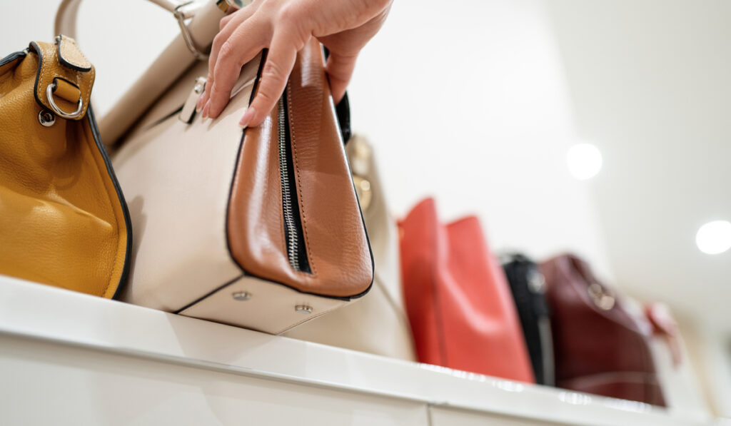 bag collection on top of closet woman taking her handbag