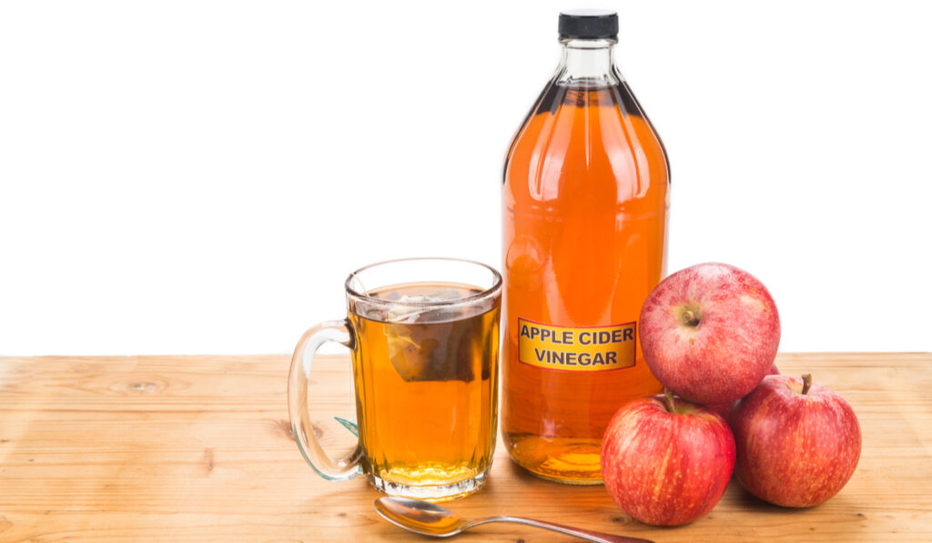 bottle and glass of apple cider vinegar and apples on table 