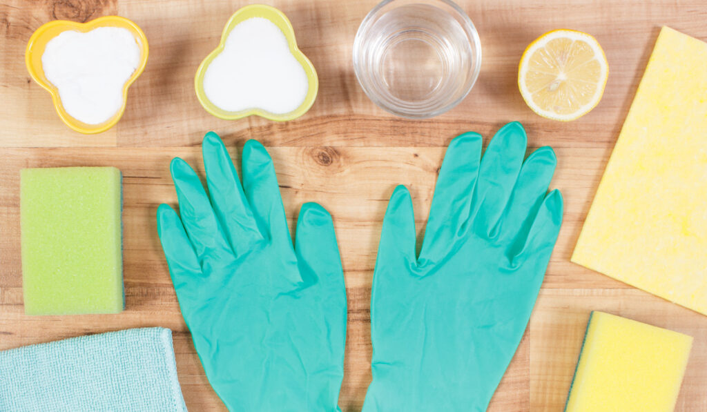cleaning accessories gloves sponge towel vinegar baking soda and lemon 