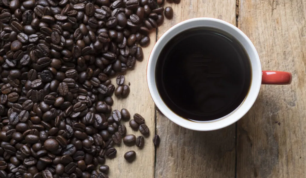 coffee and coffee beans on wooden table 