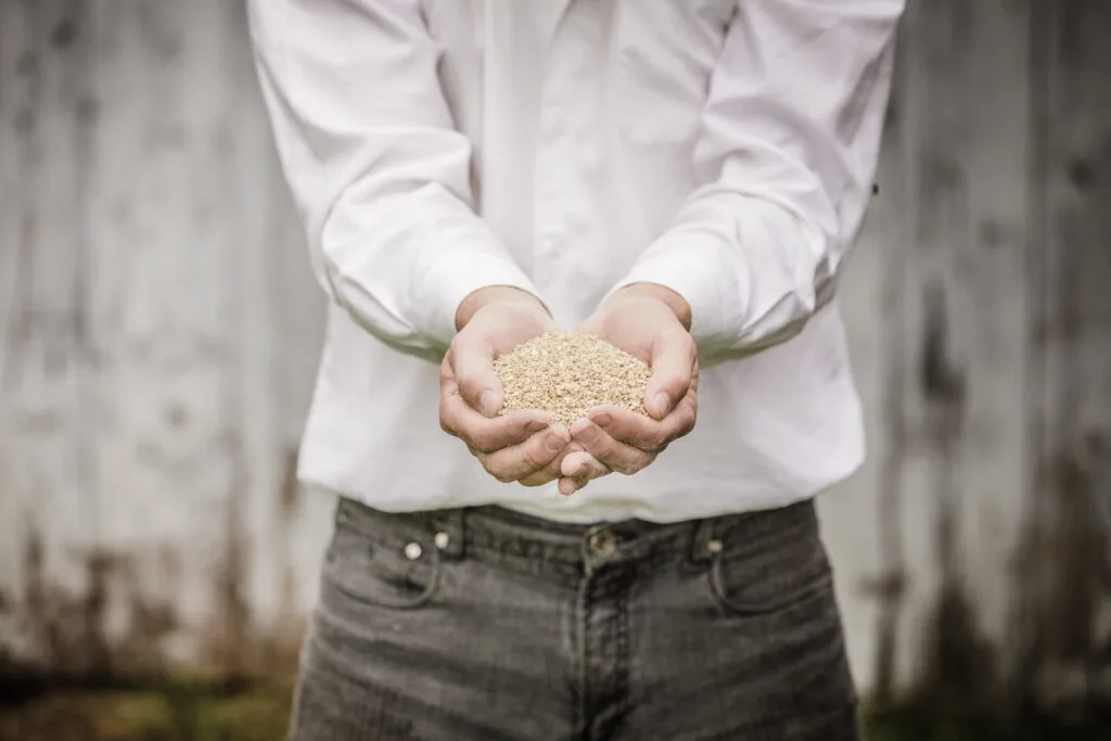 farmer showing animal dry food